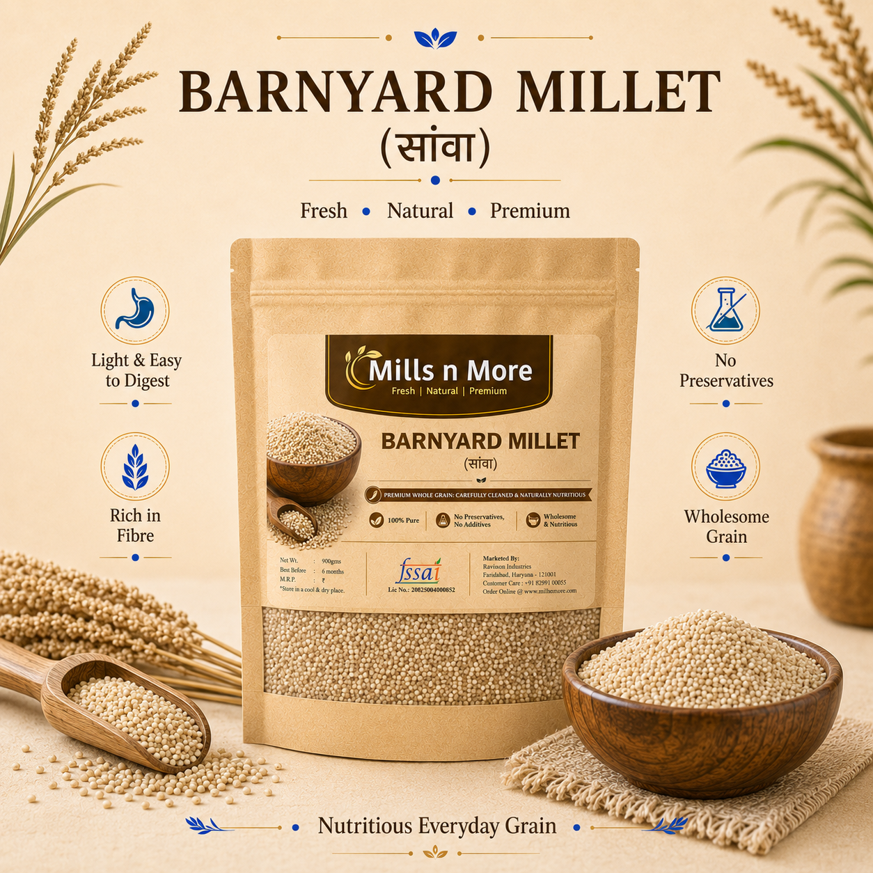 Mills n More Barnyard Millet pouch with sanwa millet grains and natural premium packaging.