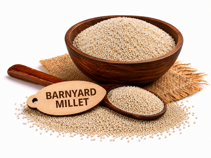 A wooden bowl filled with small beige barnyard millet grains, a wooden spoon holding a scoop of the grains, and a wooden sign engraved with the words 'BARNYARD MILLET,' all arranged on a white background with burlap.