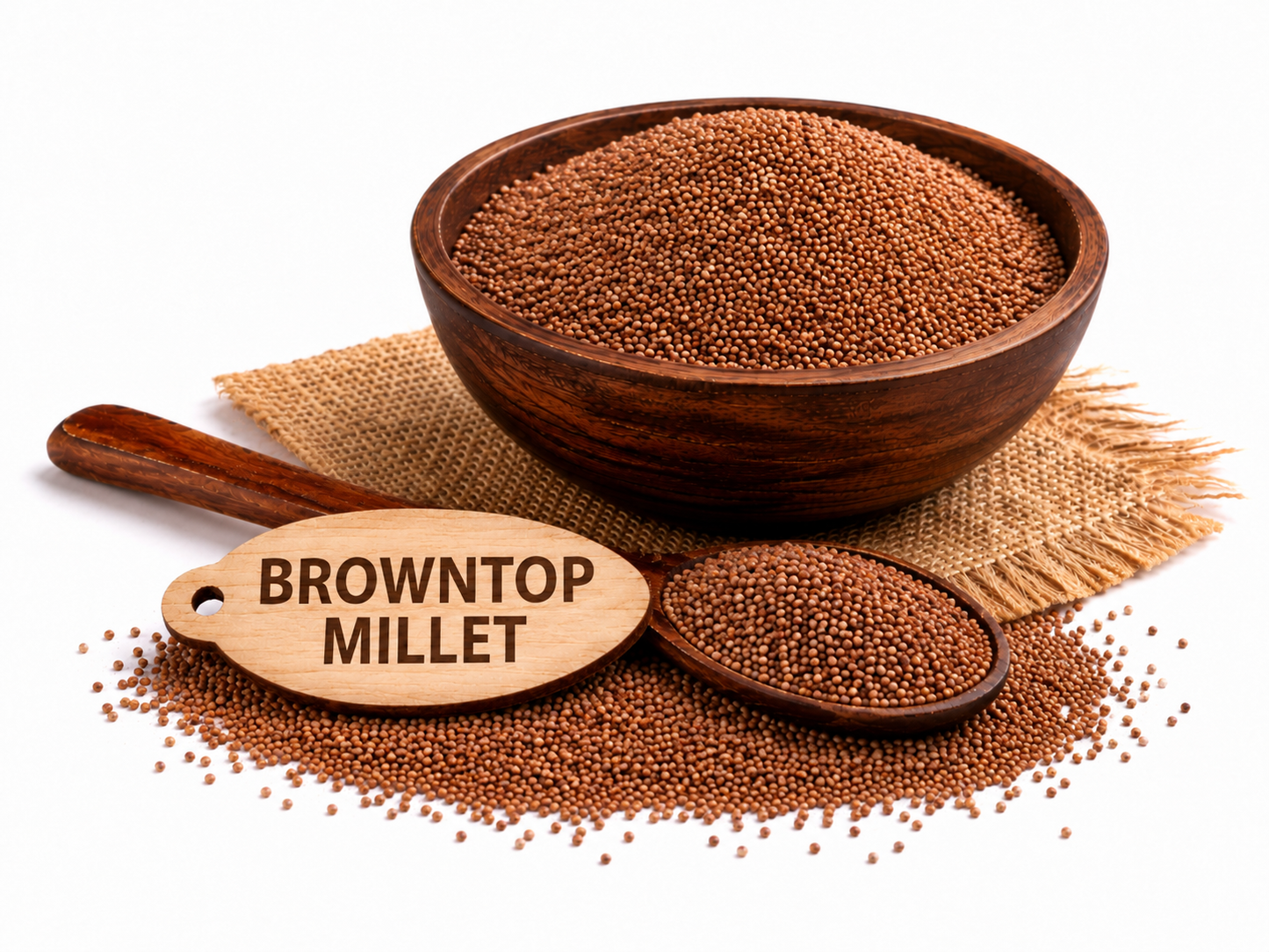 Browntop millet seeds in wooden bowl with spoon, placed on jute mat for natural product display.