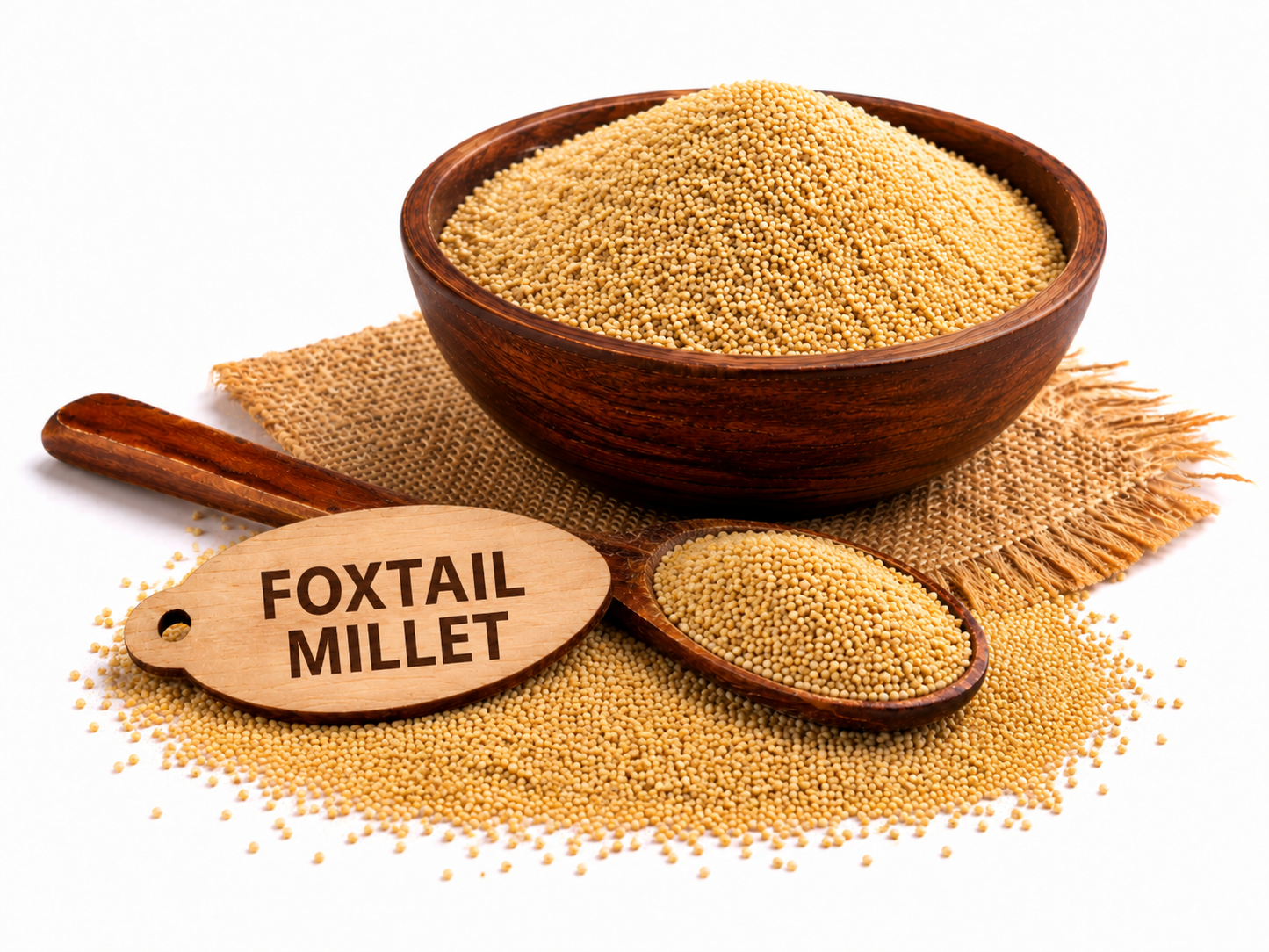 Foxtail millet seeds in wooden bowl with spoon, shown with natural millet seeds texture.