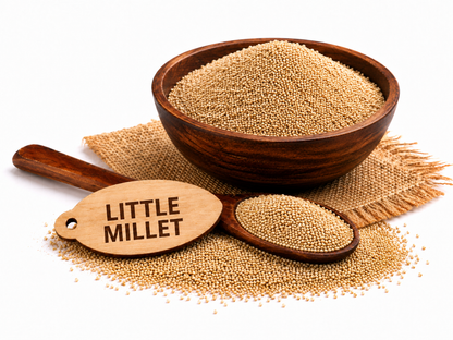 Little millet seeds in wooden bowl with spoon, shown as premium natural millet seeds.