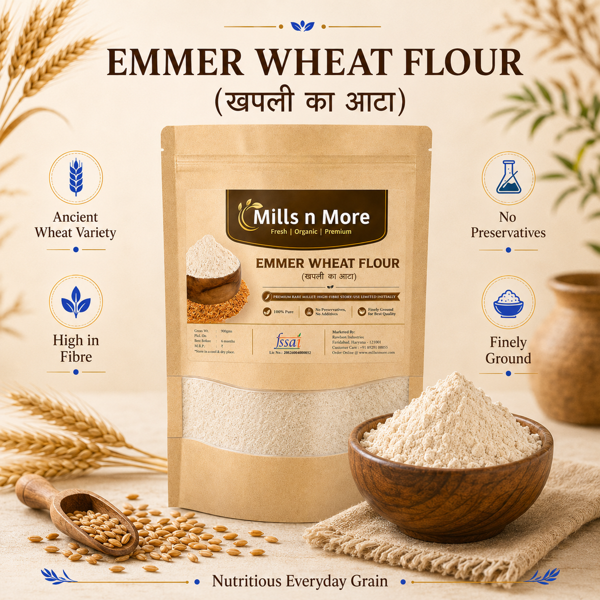 A stand-up pouch of Mills n More Emmer Wheat Flour centered on a warm beige background, surrounded by wheat stalks, a wooden bowl filled with flour, loose grains, and text callouts about ancient wheat variety, no preservatives, high fibre, and finely ground.