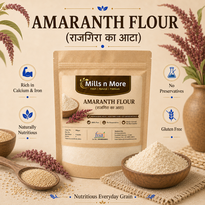 Premium Mills n More Amaranth Flour pouch with rajgira seeds and bowl of amaranth flour.