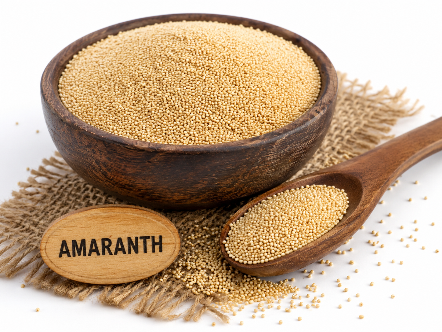 Amaranth millet seeds in wooden bowl with amaranth seeds in spoon, displayed on natural jute mat.