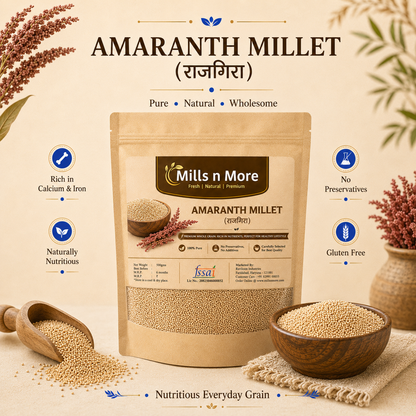 Mills n More Amaranth Millet pouch with rajgira seeds and natural premium grain setup.