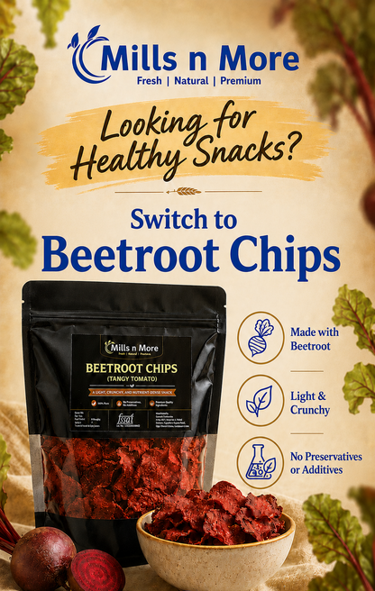 Promotional product image for Mills n More Beetroot Chips. A black stand-up pouch of beetroot chips is shown in the center, with whole beetroots and a small bowl of red chips at the bottom.