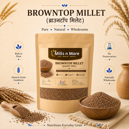 Premium Mills n More Browntop Millet pouch with browntop grains in wooden bowl and scoop.