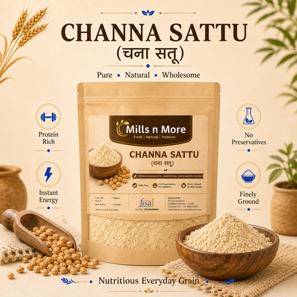 Premium Mills n More Channa Sattu pouch with roasted chana and bowl of finely ground sattu.