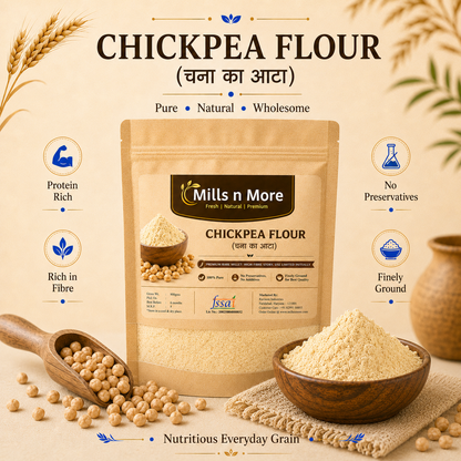 Premium Mills n More Chickpea Flour pouch with chana and bowl of finely ground chickpea flour.