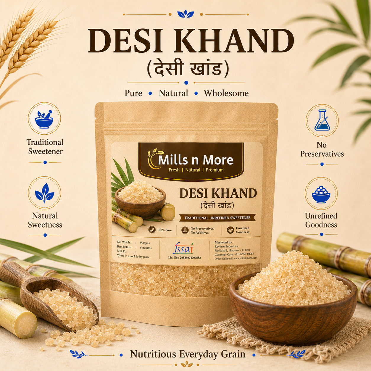 Premium Mills n More Desi Khand pouch with sugarcane and natural unrefined khand crystals.