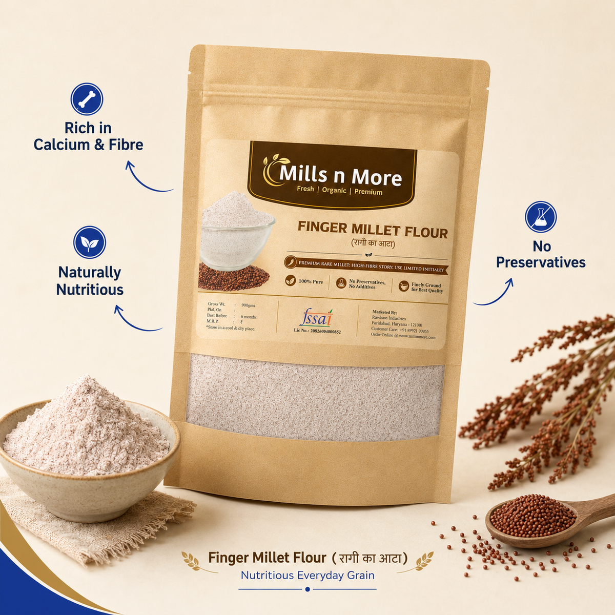 A stand-up pouch of Mills n More Finger Millet Flour is centered on a light beige background with decorative flour, millet seeds, and callout text highlighting nutritional benefits. The pouch is kraft paper with a cream label and a clear window showing the pale flour inside.
