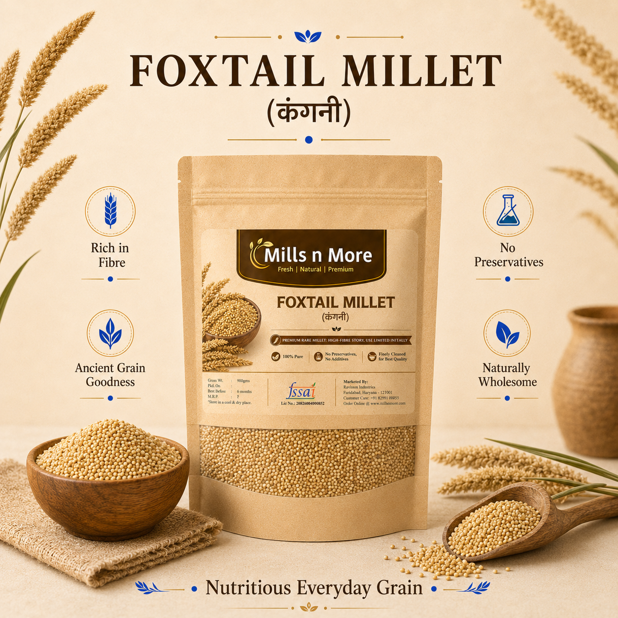 Mills n More Foxtail Millet pouch with kangni millet grains in bowl and wooden scoop.