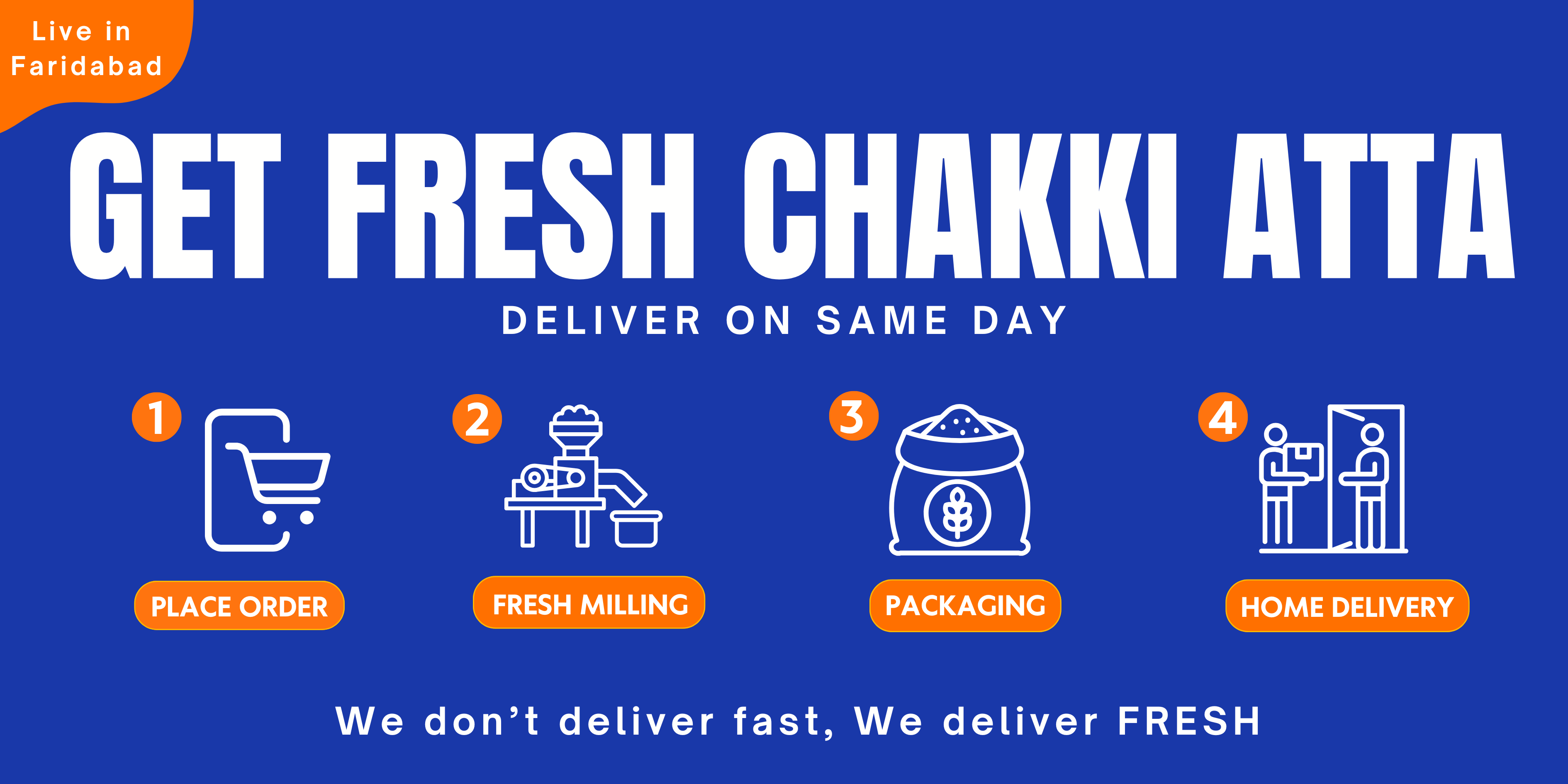 Advertisement for fresh chakki atta delivery service with icons and text on a blue background.