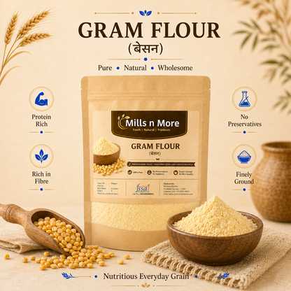 Mills n More Gram Flour pouch with besan in wooden bowl and chana dal in scoop.