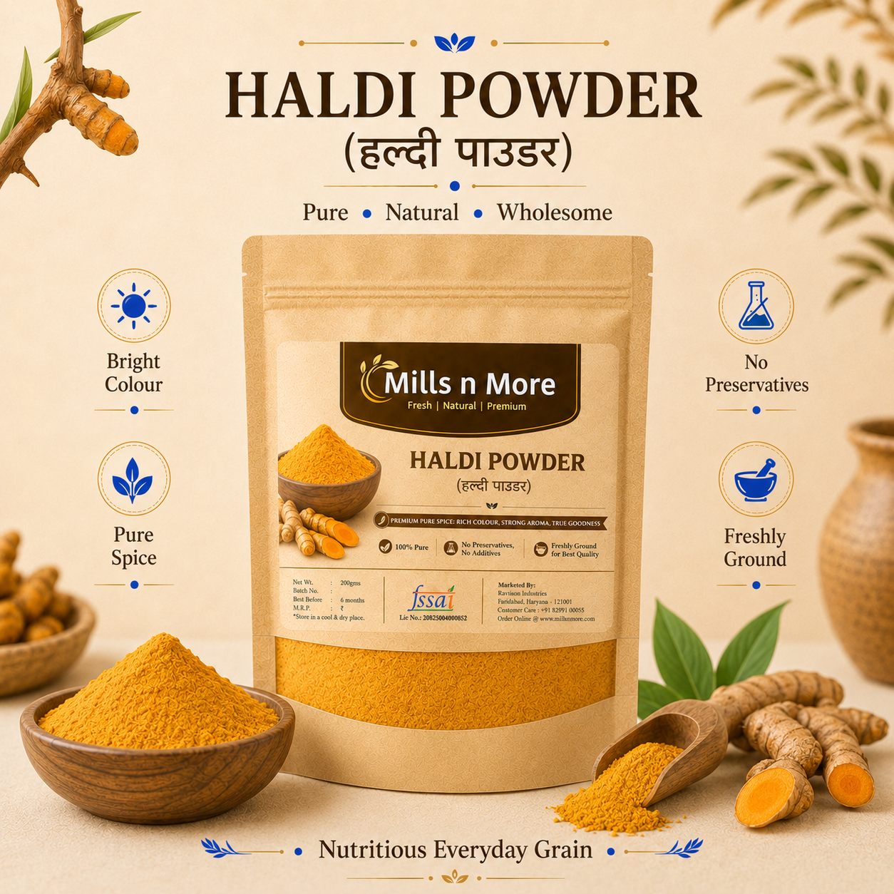 Mills n More Haldi Powder pouch with turmeric roots and bright yellow turmeric powder.