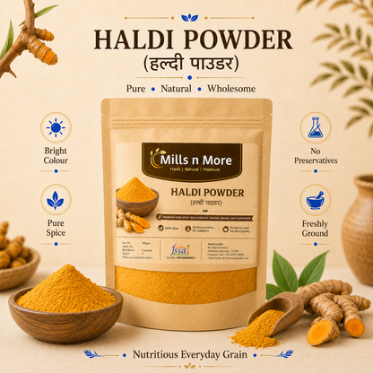Mills n More Haldi Powder pouch with turmeric roots and bright yellow turmeric powder.