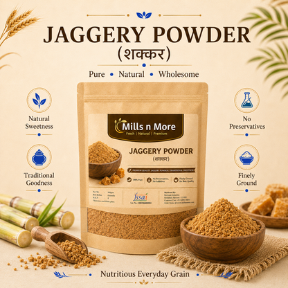 Mills n More Jaggery Powder pouch with sugarcane, jaggery pieces and golden shakkar powder.