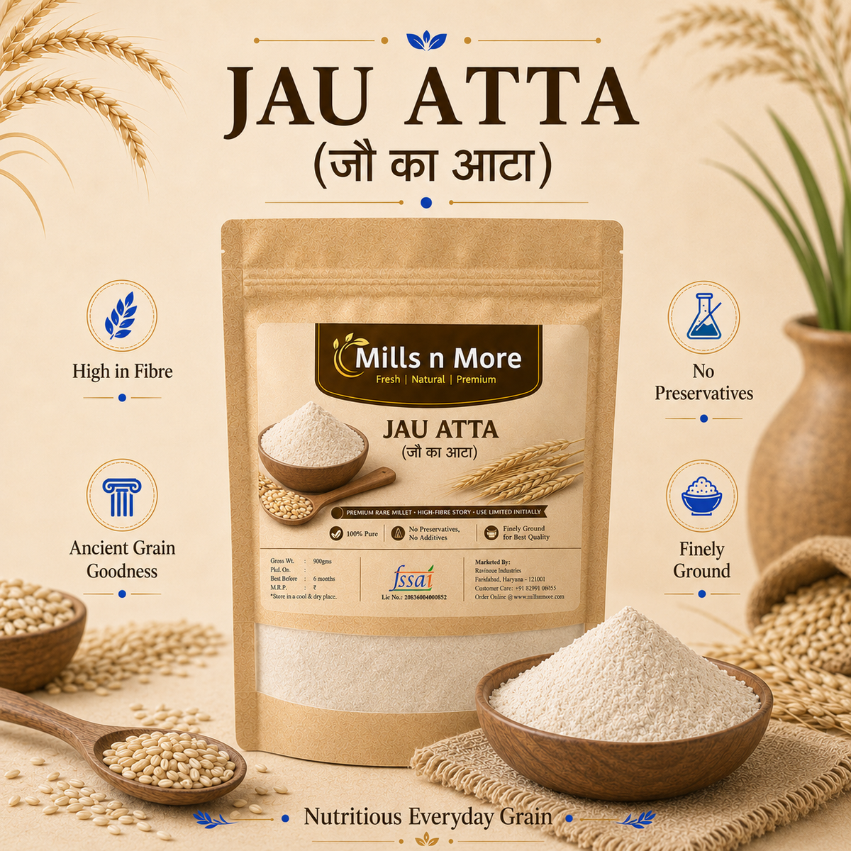Premium Mills n More Jau Atta pouch with barley grains and bowl of finely ground barley flour.