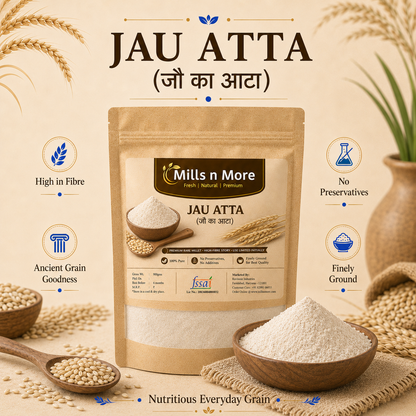 Premium Mills n More Jau Atta pouch with barley grains and bowl of finely ground barley flour.
