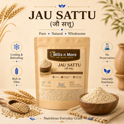 Mills n More Jau Sattu pouch with barley grains and bowl of finely ground barley sattu.