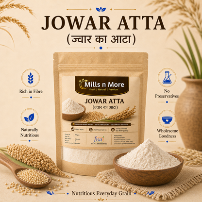 Mills n More Jowar Atta pouch with sorghum grains and bowl of freshly ground jowar flour.