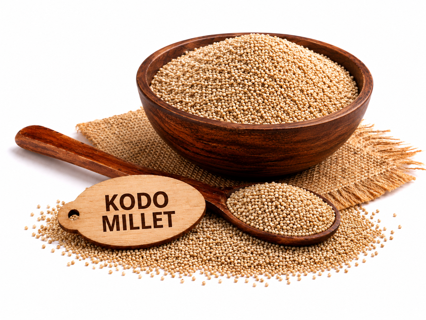 Kodo millet seeds in wooden bowl with spoon, displayed on jute mat with natural seeds styling.