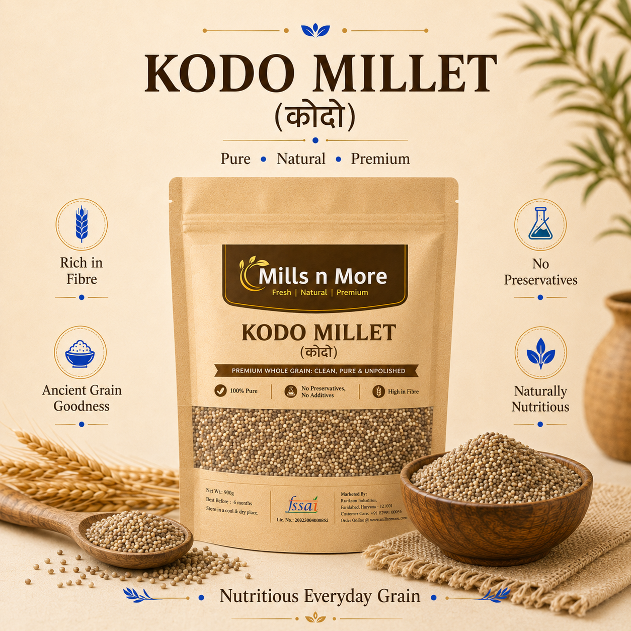 Premium Mills n More Kodo Millet pouch with kodo grains displayed in bowl and scoop.