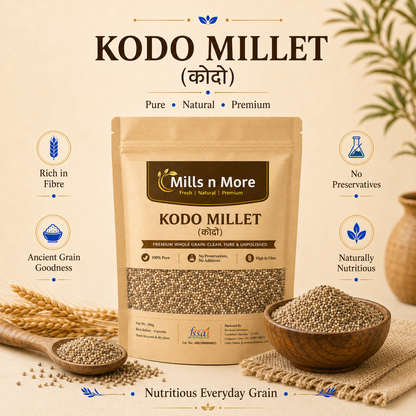 Premium Mills n More Kodo Millet pouch with kodo grains displayed in bowl and scoop.
