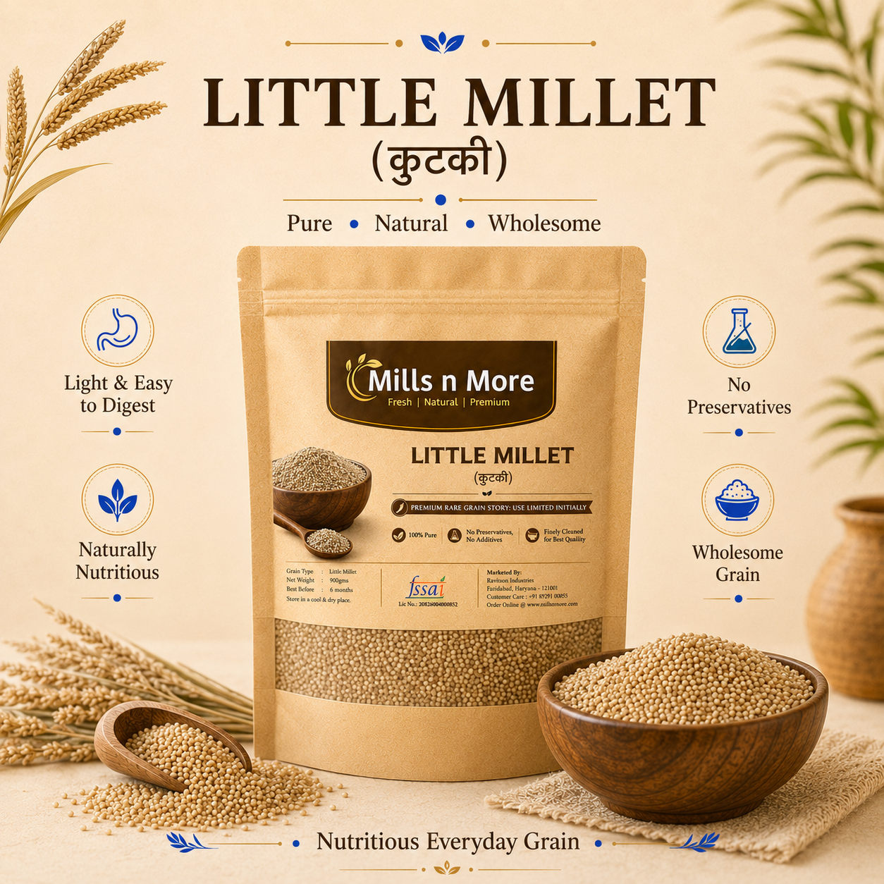 Mills n More Little Millet pouch with kutki grains and natural premium millet presentation.
