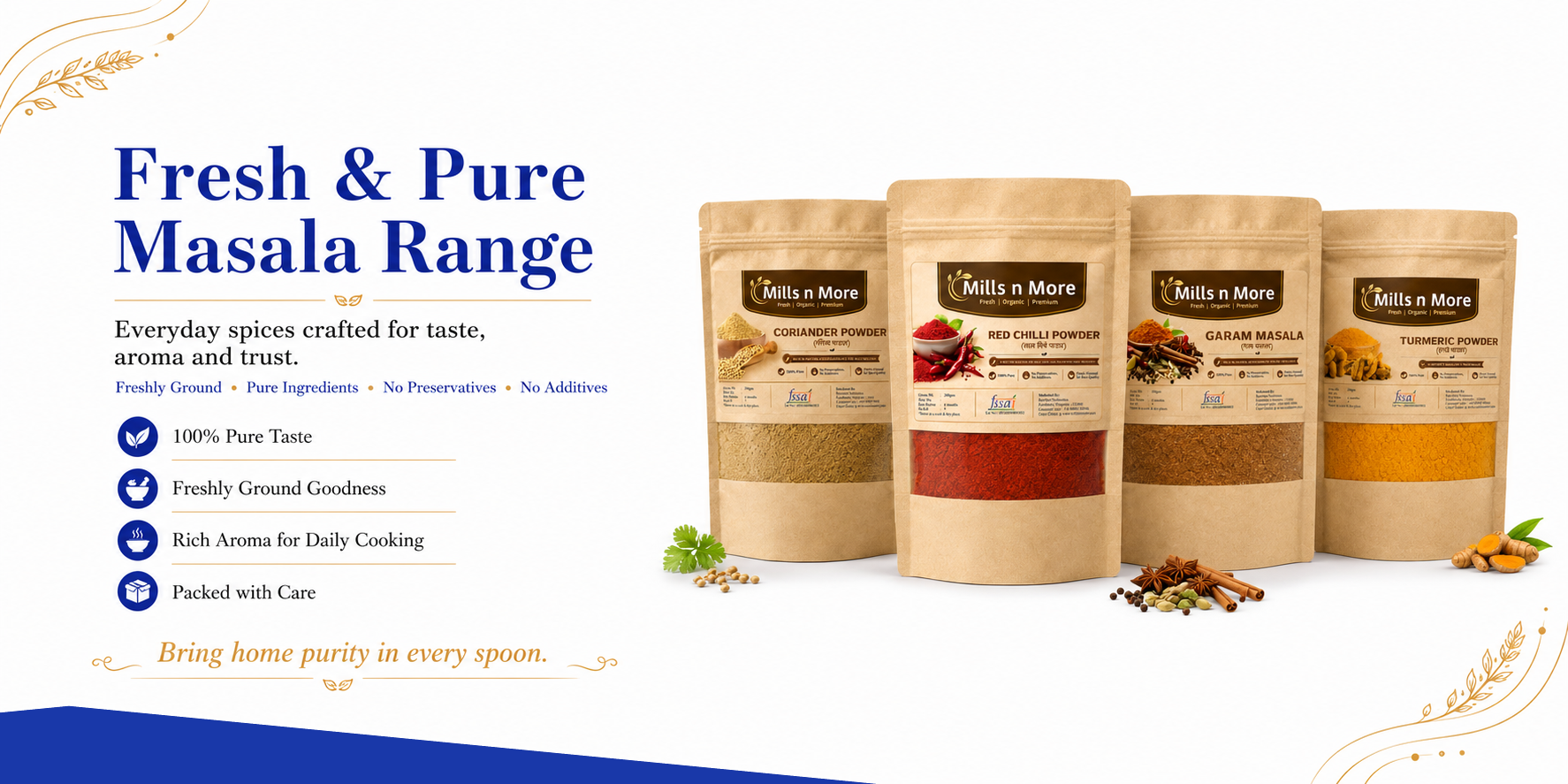 Five bags of 'Fresh & Pure Masala Range' spices on a white background with text about the product.