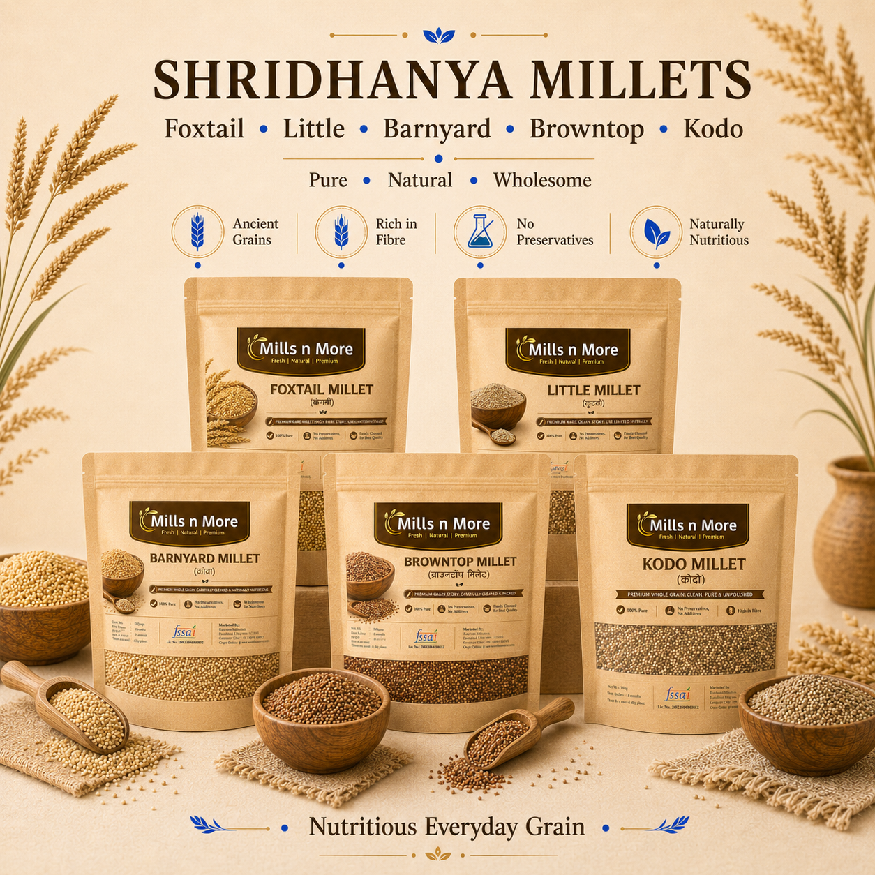 Mills n More Shridhanya Millets combo featuring Foxtail, Little, Barnyard, Browntop and Kodo millet pouches.