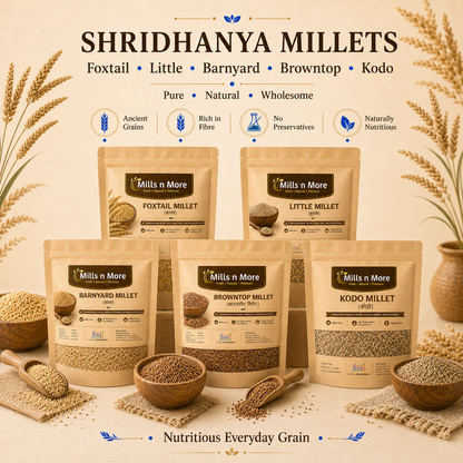 Mills n More Shridhanya Millets combo featuring Foxtail, Little, Barnyard, Browntop and Kodo millet pouches.