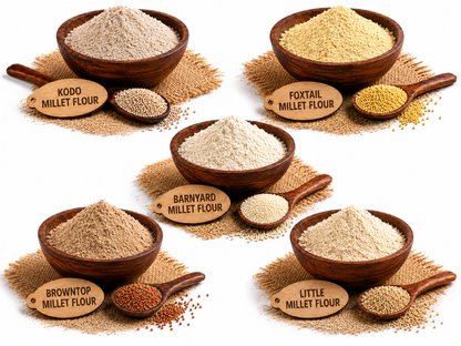 Five bowls of different millets and flours arranged on a white background, each labeled with a wooden tag reading Kodo Millet Flour, Foxtail Millet Flour, Barnyard Millet Flour, Browntop Millet Flour, and Little Millet Flour.