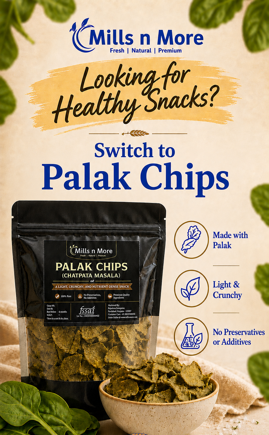 Promotional graphic for Mills n More Palak Chips, showing a black stand-up pouch of the snack with a bowl of green chips and spinach leaves on a beige background with text highlighting health benefits.