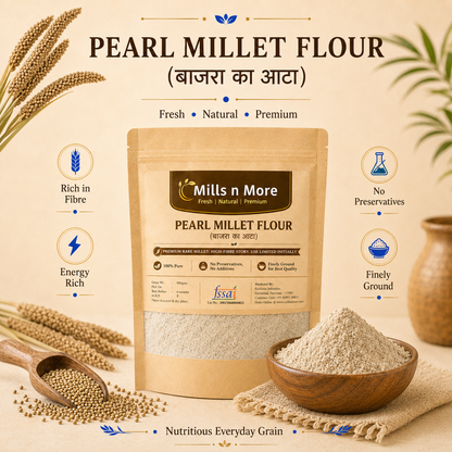 Premium Mills n More Pearl Millet Flour pouch with bajra flour and pearl millet grains.