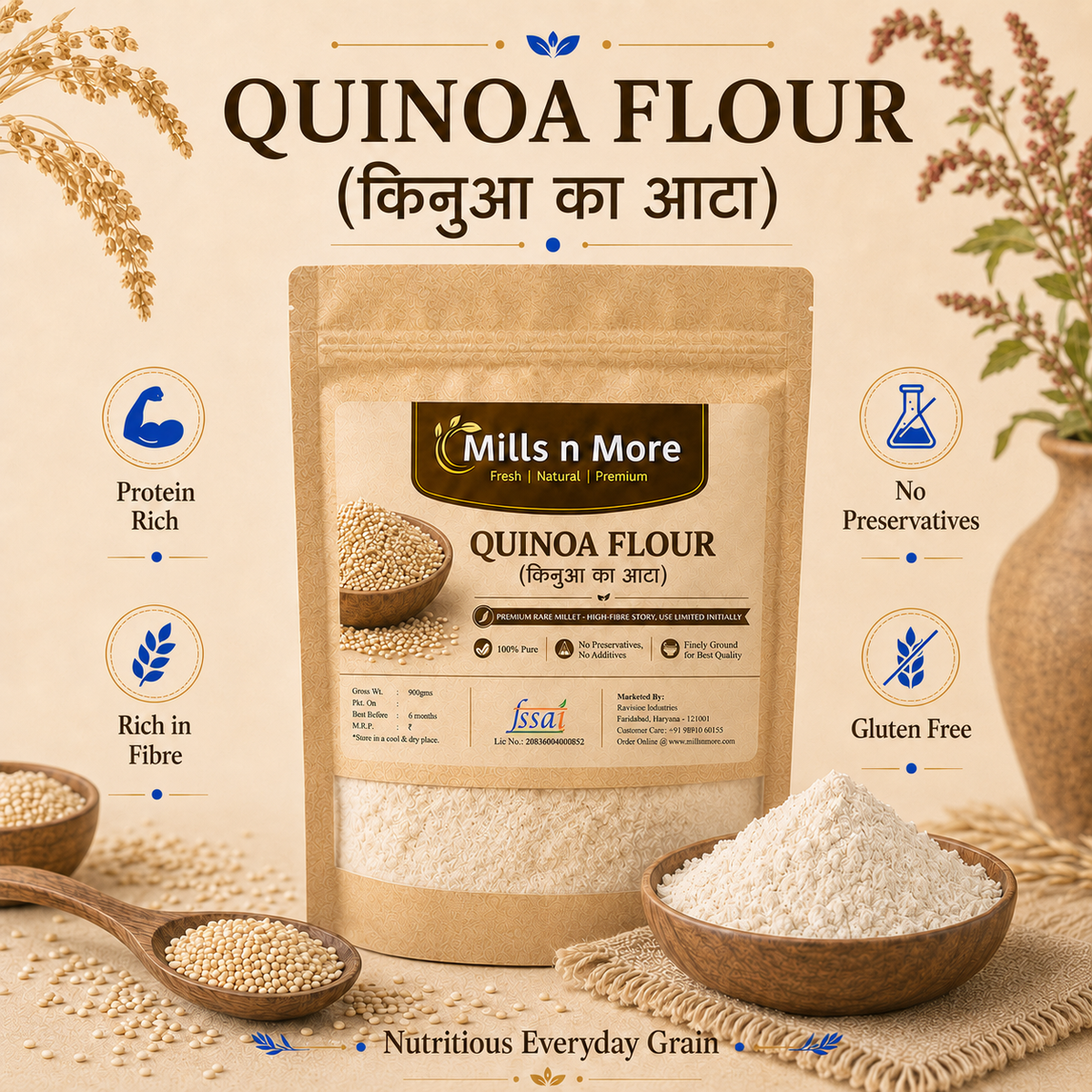 Premium Mills n More Quinoa Millet pouch with quinoa grains in bowl and scoop.