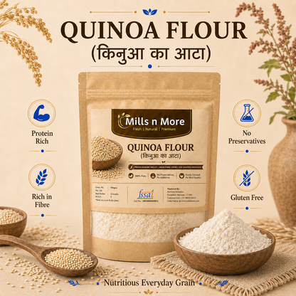 Premium Mills n More Quinoa Millet pouch with quinoa grains in bowl and scoop.