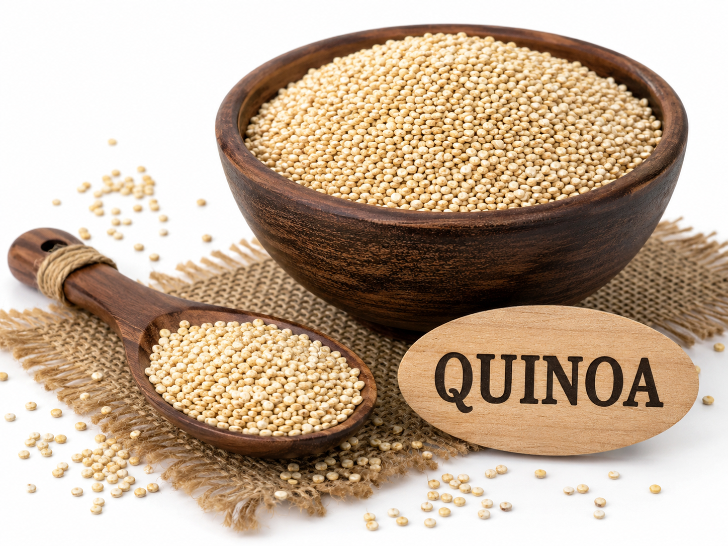 Quinoa millets in wooden bowl with quinoa millets in spoon, shown as fibre-rich positive millet.