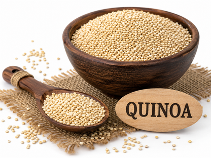 Quinoa millets in wooden bowl with quinoa millets in spoon, shown as fibre-rich positive millet.