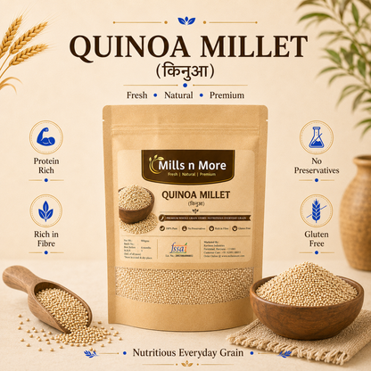 Premium Mills n More Quinoa Millet pouch with quinoa grains in bowl and scoop.