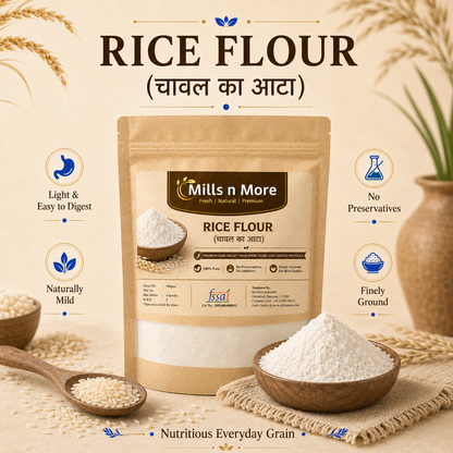 Premium Mills n More Rice Flour pouch with rice grains and bowl of finely ground chawal atta.