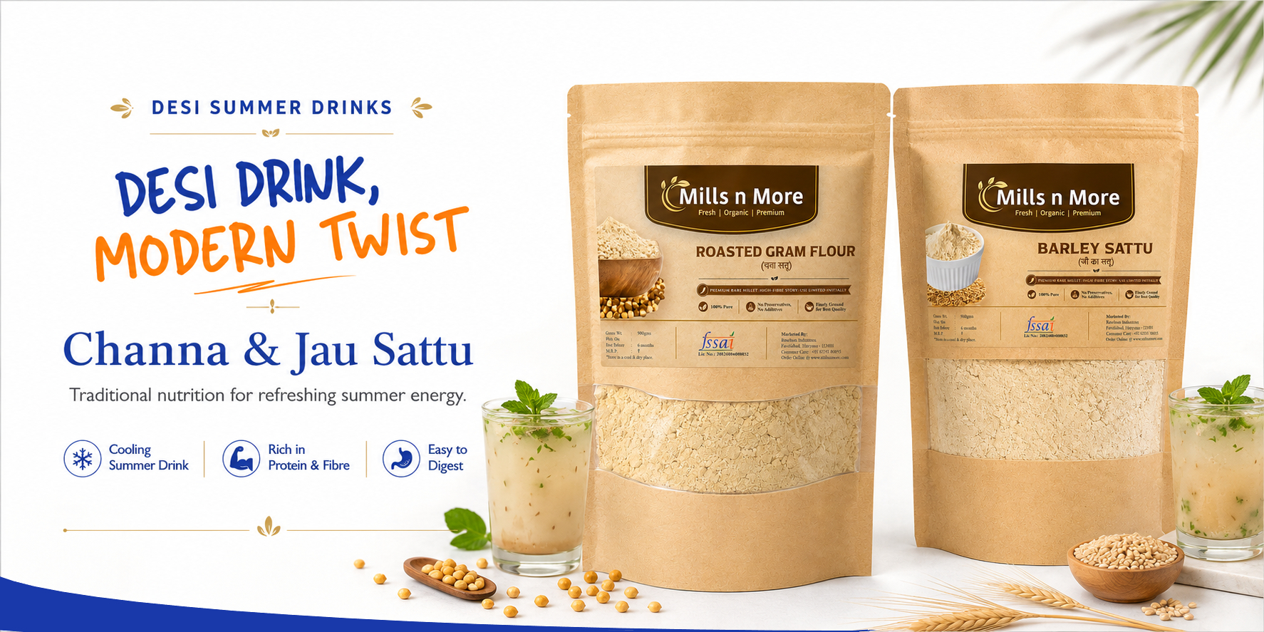 Two packages of Mills n More Desi Summer Drinks with text and graphics on a white background.