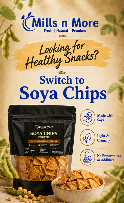 Promotional product image for Mills n More Soya Chips. A black stand-up pouch of soya chips is shown next to a small bowl of the chips and soybeans on a beige background with decorative leaves.