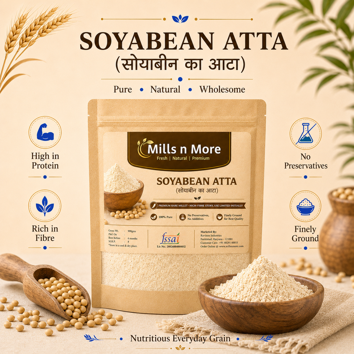 Mills n More Soyabean Atta pouch with soybeans and bowl of finely ground soybean flour.