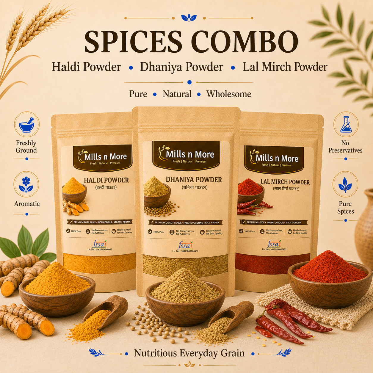 Mills n More Spices Combo featuring Haldi Powder, Dhaniya Powder and Lal Mirch Powder pouches with natural spice ingredients.
