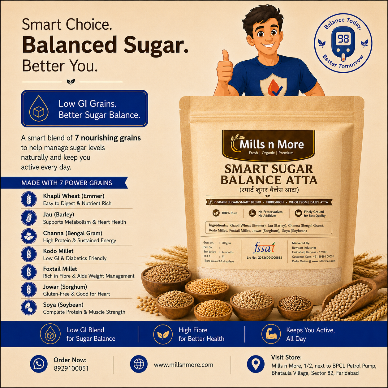 Smart Sugar Balance Atta – khapli wheat, barley, Bengal gram, Jowar, Kodo millet, Foxtail millet and Soya Blend