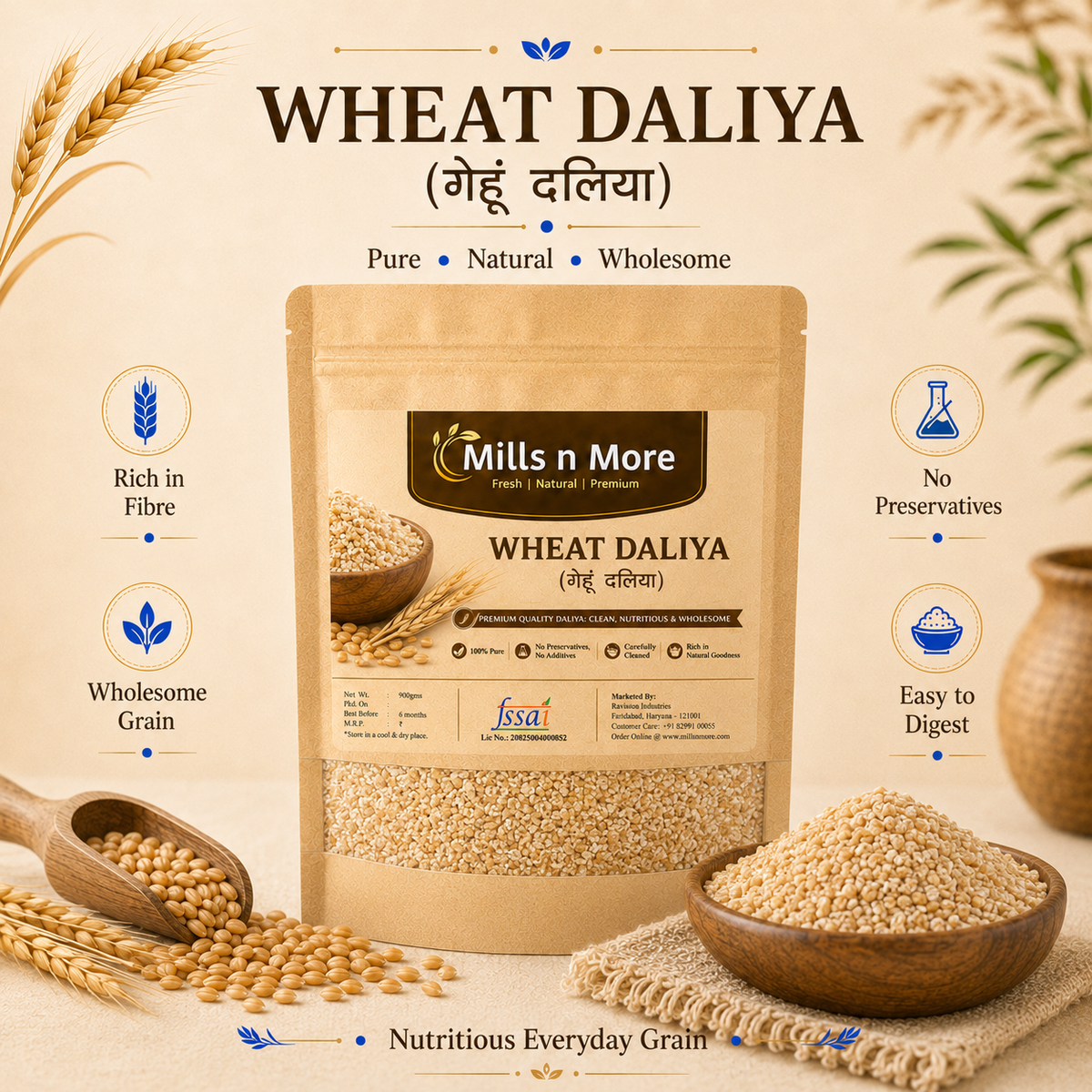 Mills n More Wheat Daliya pouch with broken wheat grains in wooden bowl and scoop.