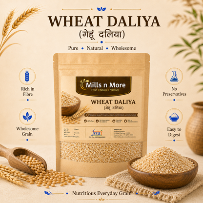 Mills n More Wheat Daliya pouch with broken wheat grains in wooden bowl and scoop.